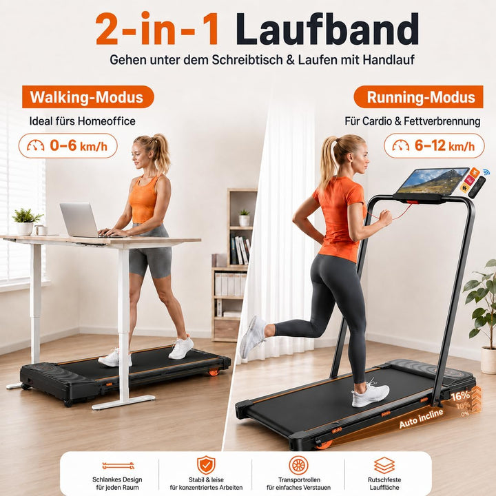 JAGJOG Klappbar Laufband mit Auto 16% Steigung, Laufband für Zuhause 12 km/h, Walking Pad mit APP &