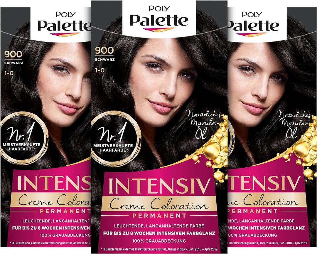 Palette Intensiv Creme Coloration 1-0/900 Schwarz Stufe 3 (3 x 115 ml), Permanente Haarfarbe für bis