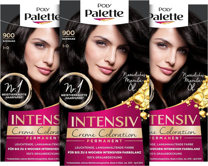 Palette Intensiv Creme Coloration 1-0/900 Schwarz Stufe 3 (3 x 115 ml), Permanente Haarfarbe für bis