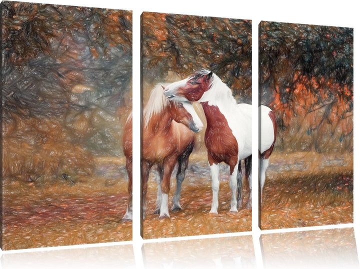 Pixxprint schmusende Pferde als Leinwandbild | Grösse: 3 Teilig (120x80) | Wandbild| Kunstdruck | fe