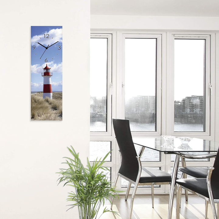 ARTLAND Wanduhr ohne Tickgeräusche Glas Quarzuhr 20x60 cm Rechteckig Lautlos Strand Meer Leuchtturm