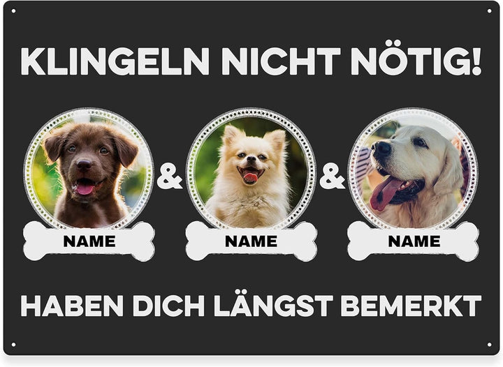 Hunde Schild personalisiert - Klingeln nicht nötig - Metallschild mit Foto und Name für aussen, wett