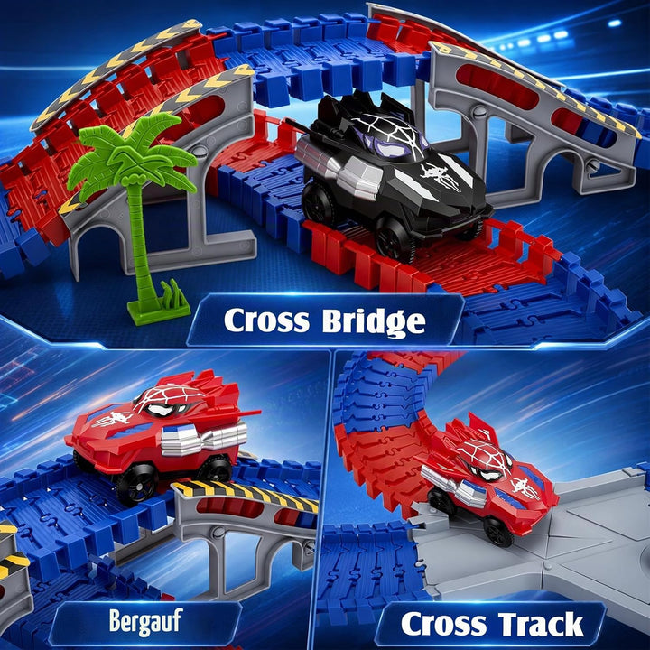 Spider Autorennbahn Set mit 2 Elektroautos, 212PCS Flexibles Auto Rennbahn Spielzeug, Kinder Weihnac