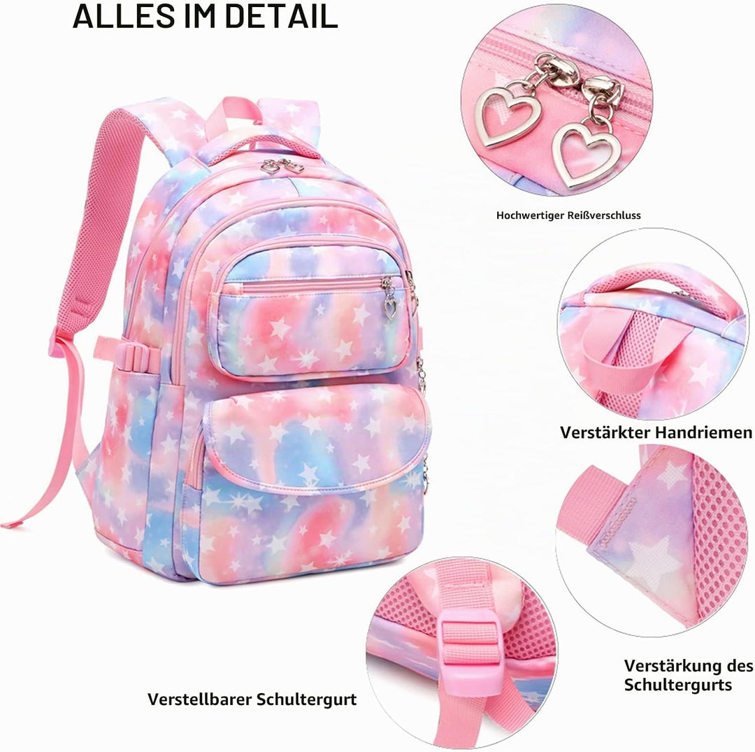 SIVENKE 3 Set Schultasche Sternendruck Wasserdicht Schulrucksack mit Lunchbox-Tasche & Federmäppchen