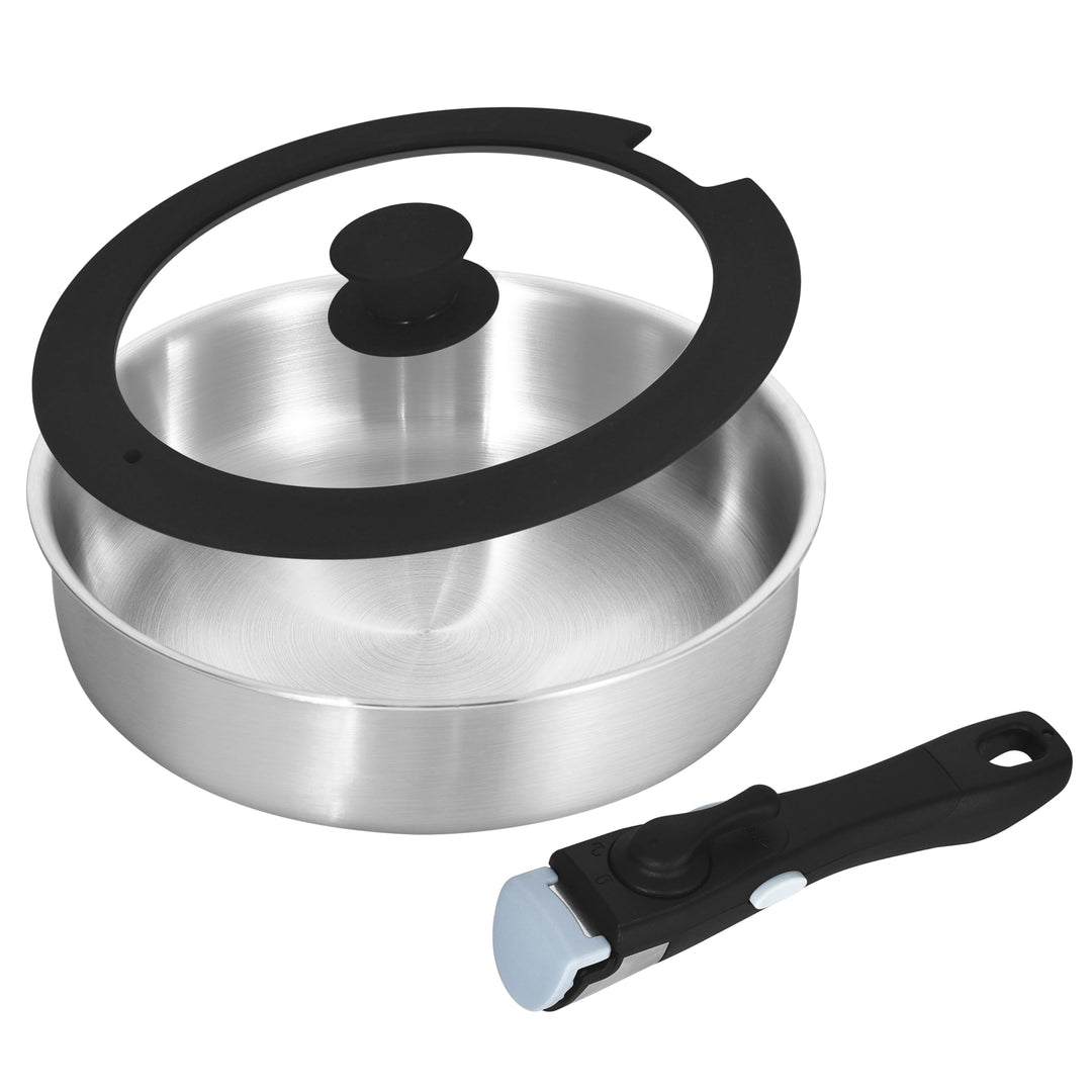Inqibee Dreilagige Edelstahl-Schmorpfanne mit Deckel und abnehmbarem Griff, 25,4 cm tiefe Bratpfanne