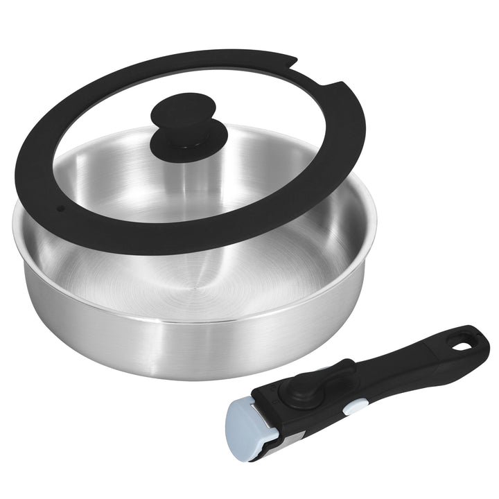 Inqibee Dreilagige Edelstahl-Schmorpfanne mit Deckel und abnehmbarem Griff, 25,4 cm tiefe Bratpfanne