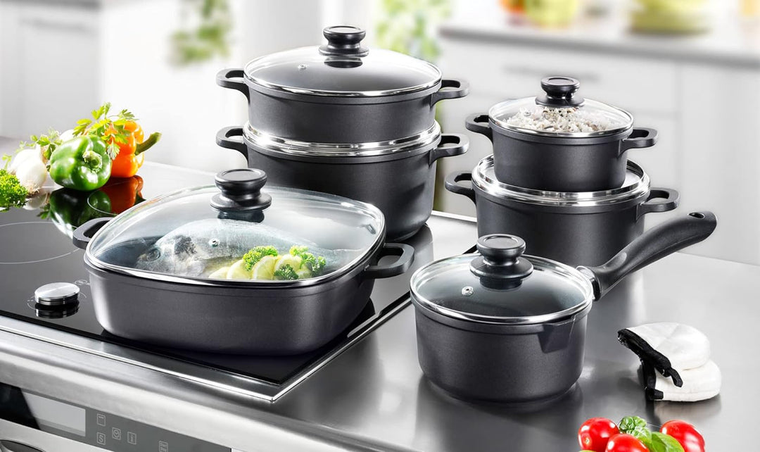 Karcher 112914 Topfset (Aluguss, 12-teilig, Teflon-Classic-Antihaftbeschichtung, inkl. Glasdeckel un