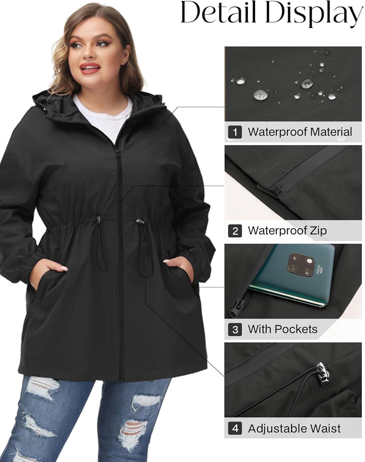 Hanna Nikole Damen Grosse Grösse Regenjacke Leicht Wasserdicht Regenmantel mit Kapuze Windbreaker Sp