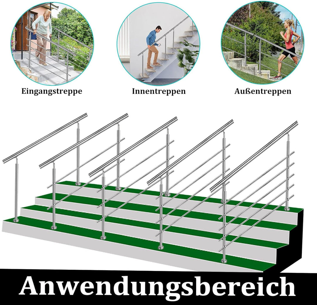 CAVATINY Edelstahl Handlauf Geländer für Treppen Brüstung Balkon mit 4 Querstreben - Innen und Ausse