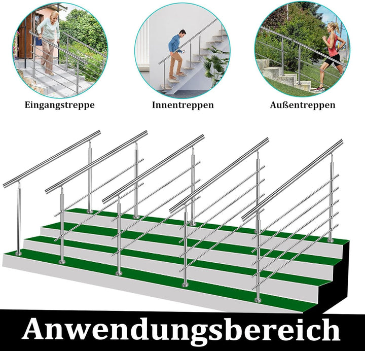 CAVATINY Edelstahl Handlauf Geländer für Treppen Brüstung Balkon mit 4 Querstreben - Innen und Ausse