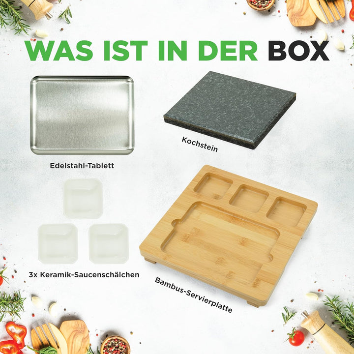 NutriChef Heisser Stein Grillplatte – Tischgrill-Set mit Bambus und Keramik Ideal für Steak und Dinn