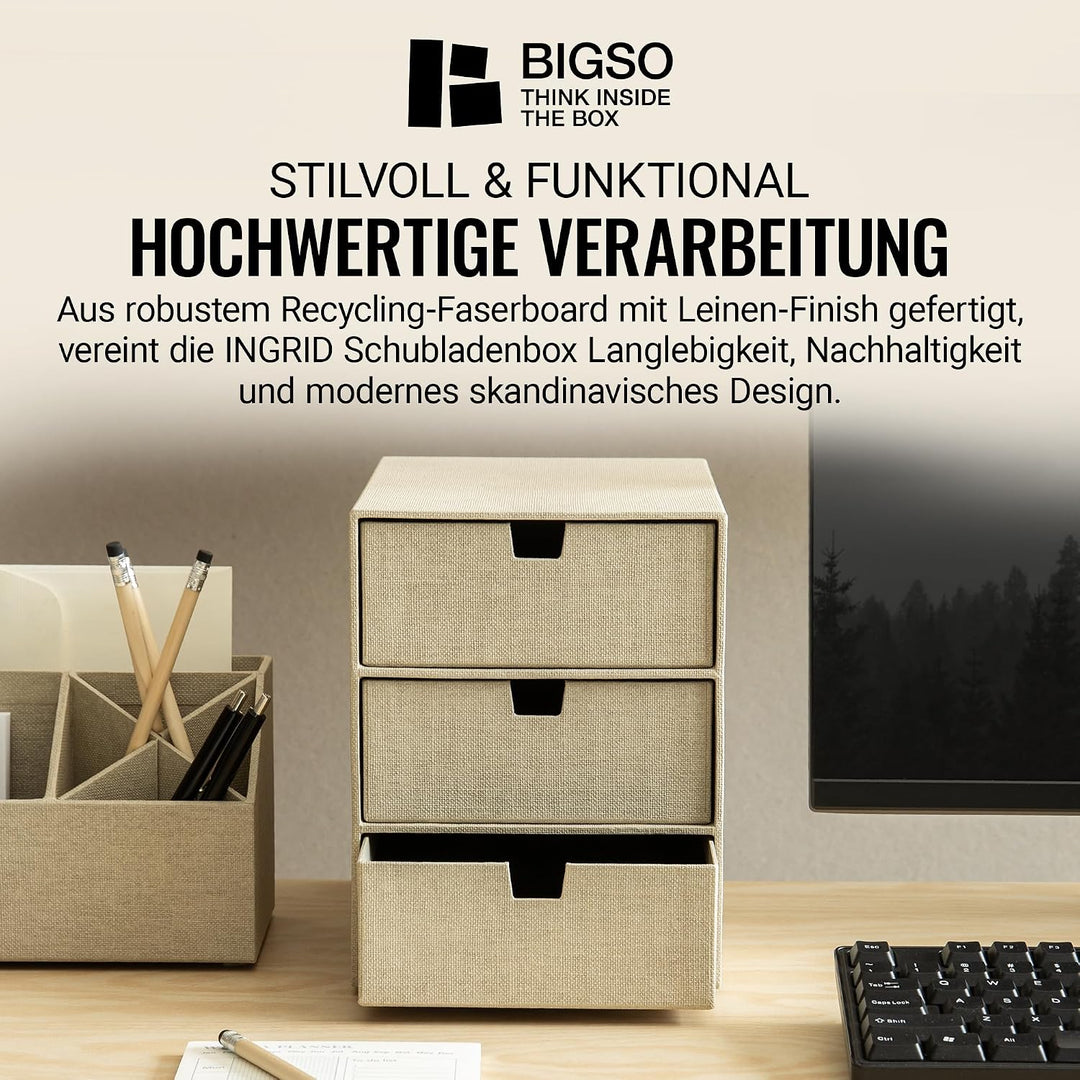 BIGSO BOX OF SWEDEN INGRID Schubladenbox für Dokumente und Bürobedarf – Schreibtisch Organizer mit 3