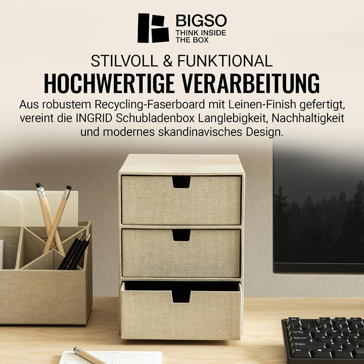 BIGSO BOX OF SWEDEN INGRID Schubladenbox für Dokumente und Bürobedarf – Schreibtisch Organizer mit 3