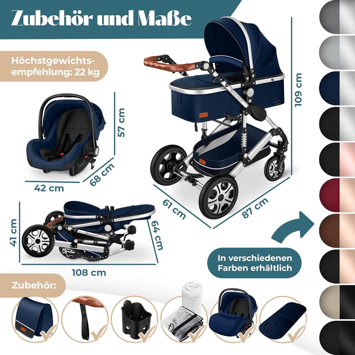 KESSER® Loops 3 in 1 Kinderwagen Kombikinderwagen Komplett-Set inkl. Babywanne &amp; Buggy Sportsitz &amp; A