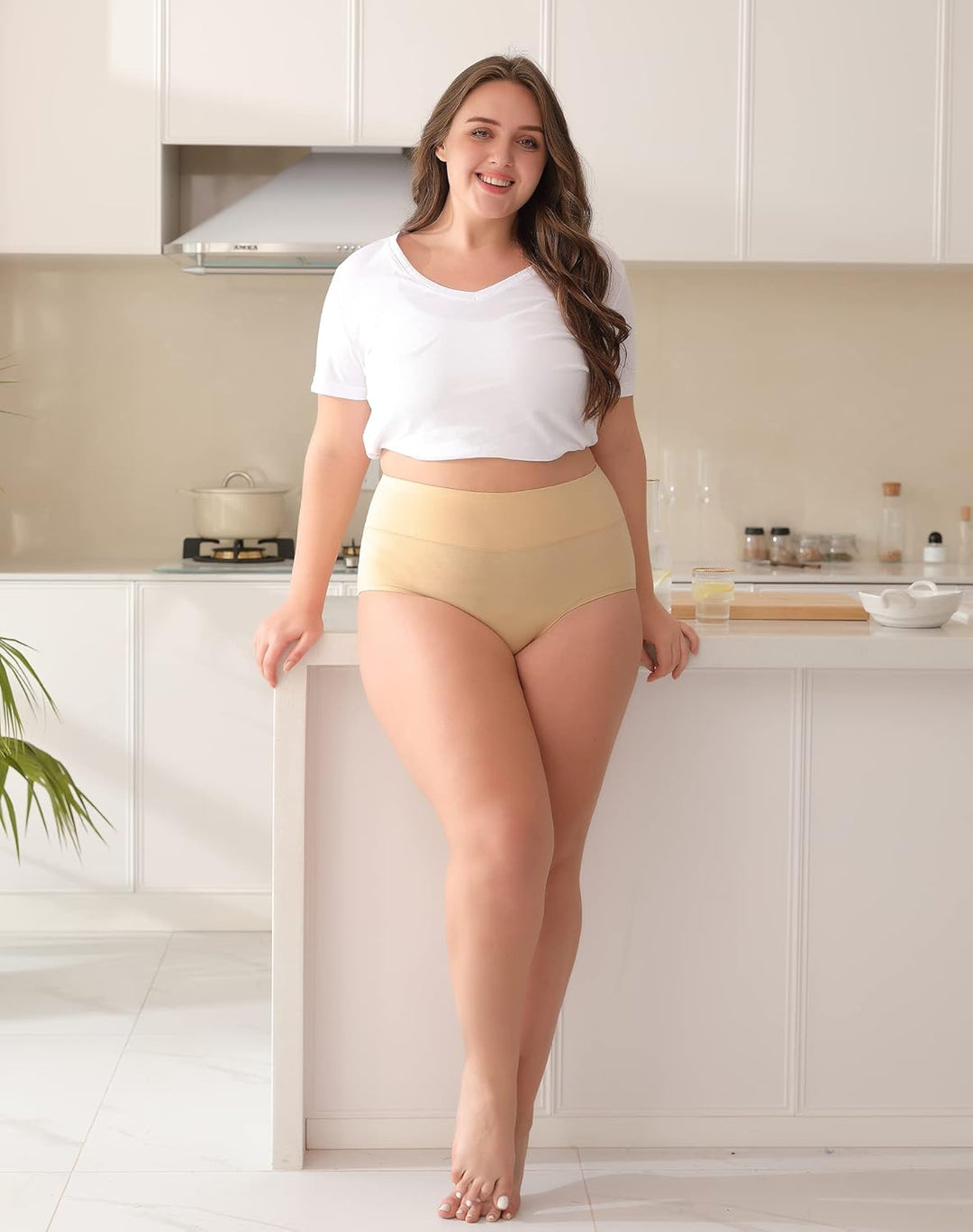 INNERSY Unterhosen Grosse Grössen Damen Taillenslip Baumwolle High Waist Slip (44-62) 4er Pack, Beig