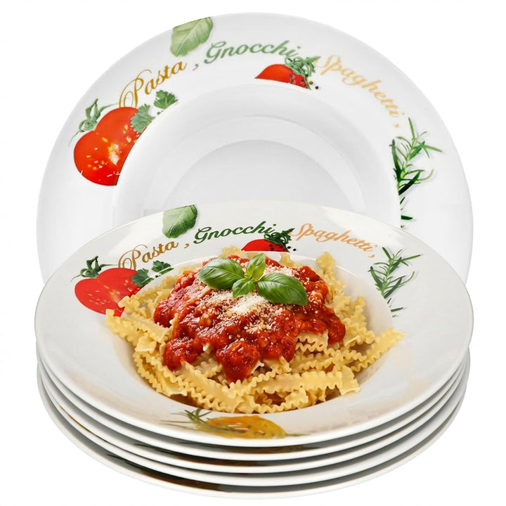 Van Well 6er Pasta-Teller-Set Milano mit Aufdruck I Ø 27 cm Porzellan-Teller I tiefe Nudelteller I S