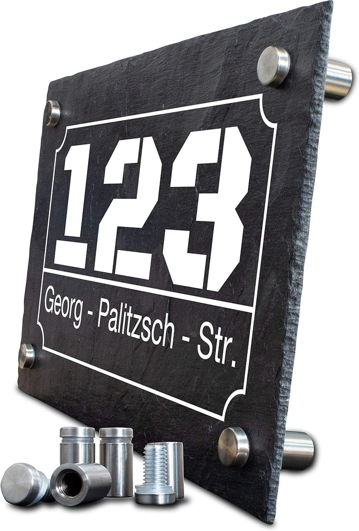 wandmotiv24 Personalisierte Hausnummer Hausnummernschild aus Naturstein Schiefer, auf Schiefertafel,