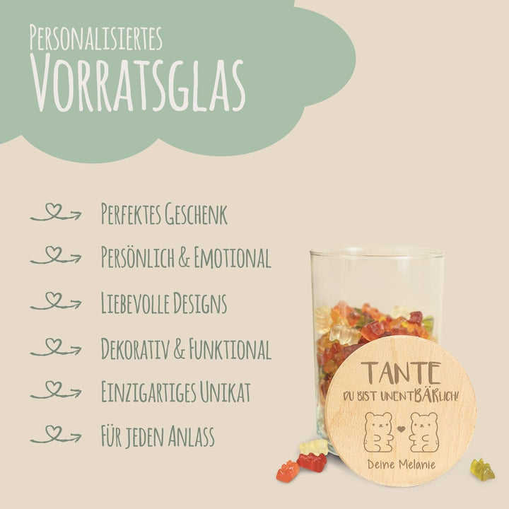 GRAVURZEILE Vorratsglas mit graviertem Holzdeckel - UnentBÄRlich Tante - Personalisiert mit Name - K