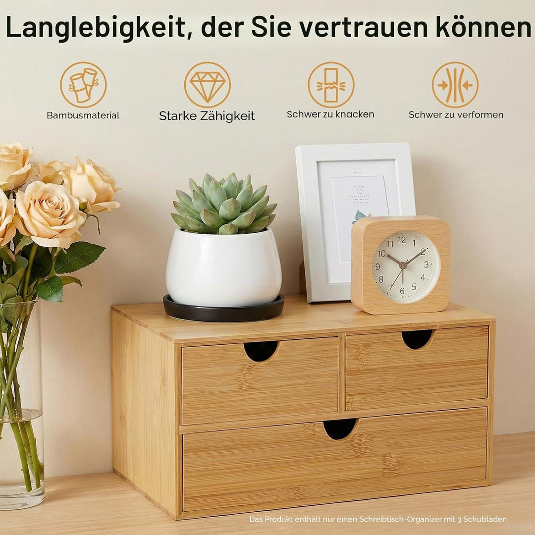 Bambus Schreibtisch Organizer mit 3 Schubladen, Bambus Schubladenbox Desktop Organizer für Büro, Hau