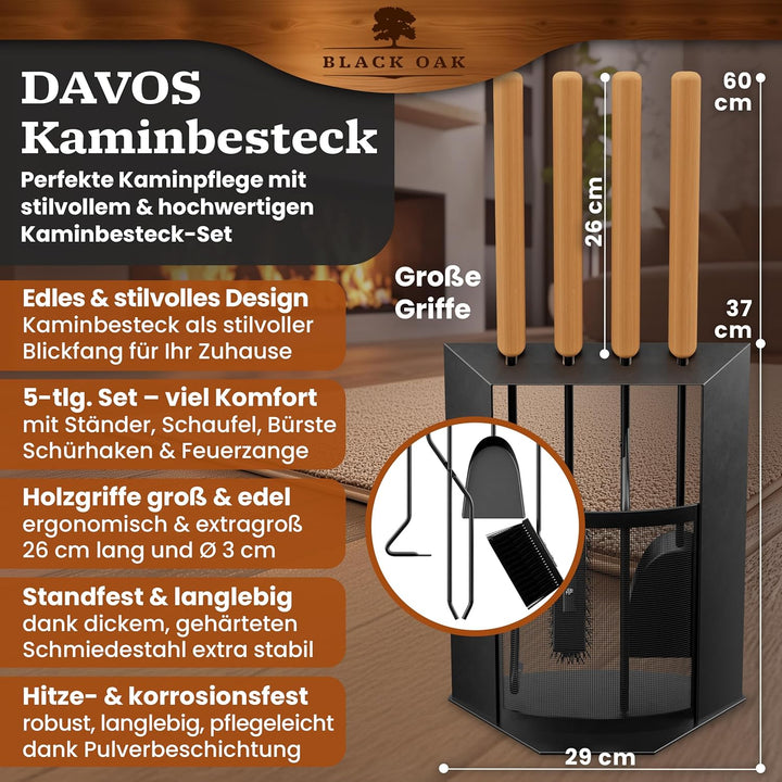 BLACK OAK Kaminbesteck DAVOS 5-teilig - edles & dekoratives Ofenbesteck Set schwarz mit Holzgriff 5