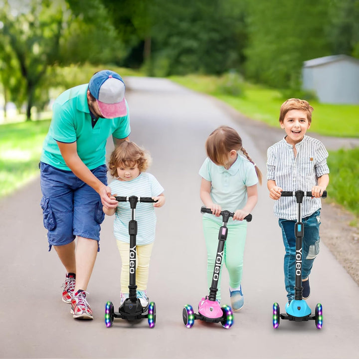 YOLEO Kinderoller Kinderscooter Dreiradscooter mit LED Räder, 2-Rädern Hinterbremsen,4 Höhenverstell