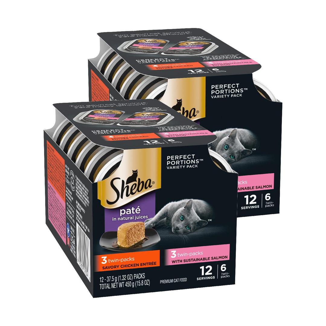 Sheba Perfect PORTIONS Paté Katzenfutter Nassfutter Tabletts (12 Stück, 24 Portionen), Huhn und Lach