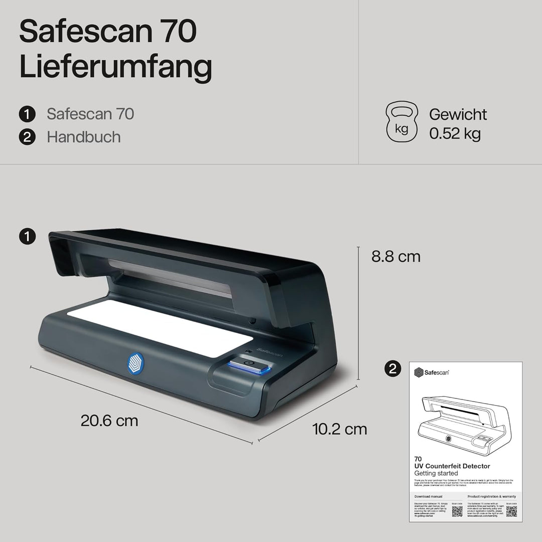 Safescan 70 UV-Falschgeldprüfgerät zur Prüfung von Banknoten, Kreditkarten und Ausweisen - UV-Geldsc