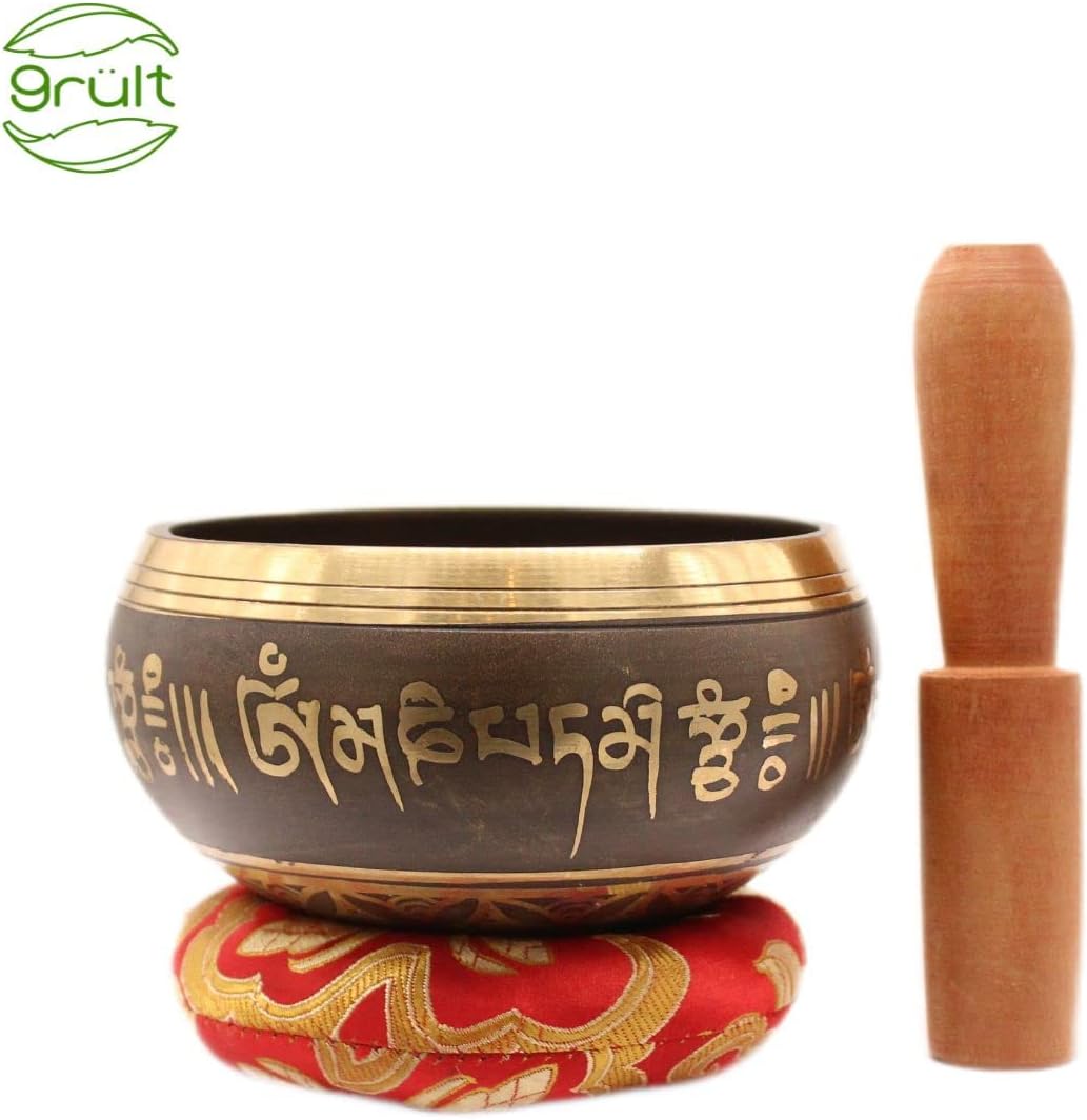 Original tibetische Klangschale mit Sockel und Holzklöppel - handgefertigt in Nepal für Heilung, Bew