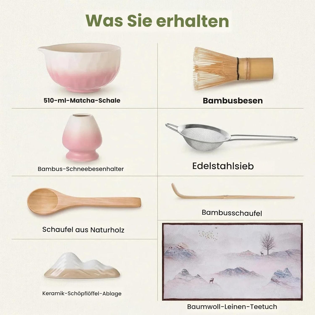 Matcha Set - 8 stuck Vollständiges Matcha Tee Zeremonie Set mit Chasen, Chasen-Ständer,Teeschale, Lö