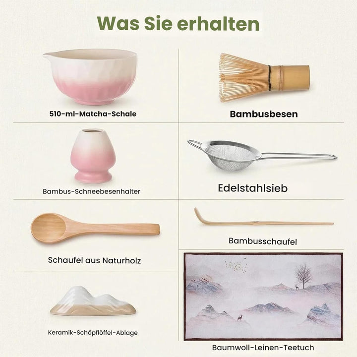 Matcha Set - 8 stuck Vollständiges Matcha Tee Zeremonie Set mit Chasen, Chasen-Ständer,Teeschale, Lö