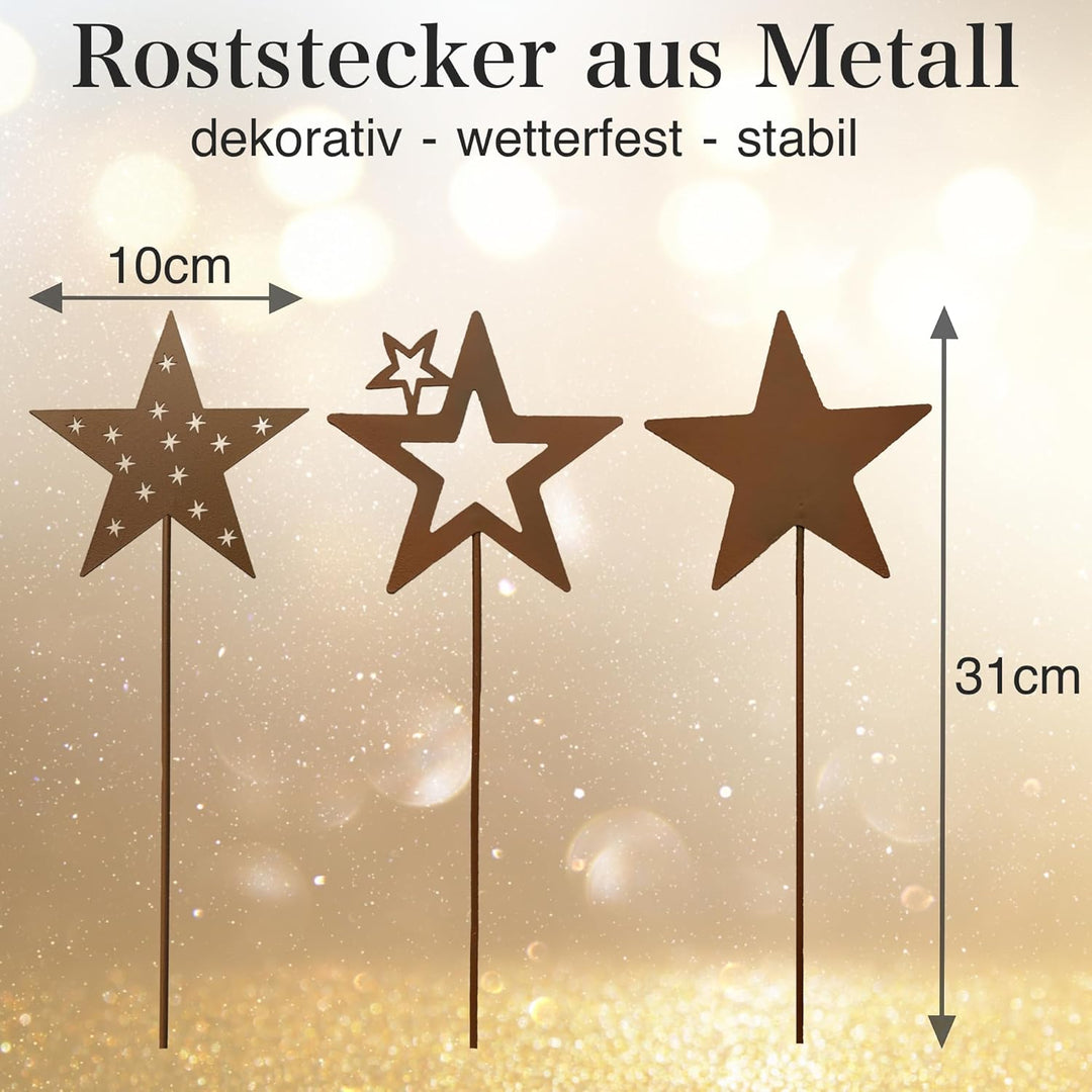 KRONLY 3 Stück Gartenstecker Sterne Roststecker Metall Weihnachten wetterfest Gartendeko Outdoor
