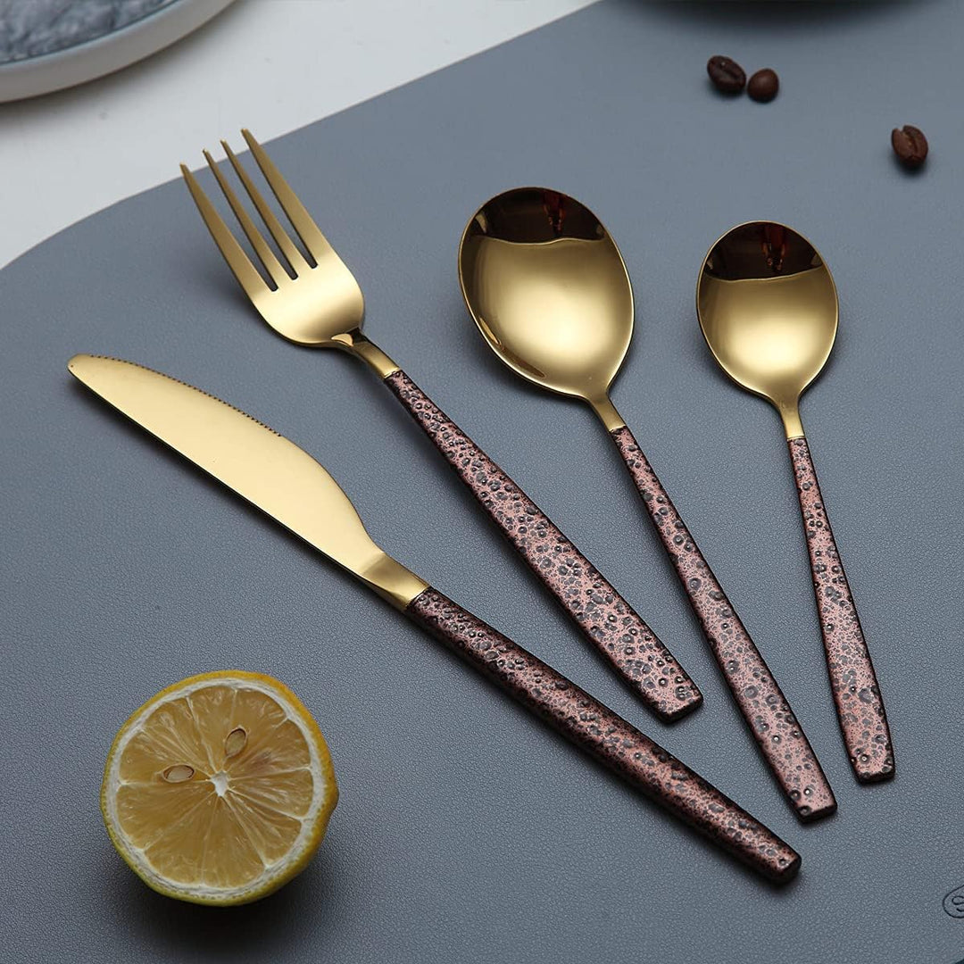 Berglander Besteck Set 24 Stück mit Mondoberfläche Griff und glänzendem Goldmund Titanbeschichtung,