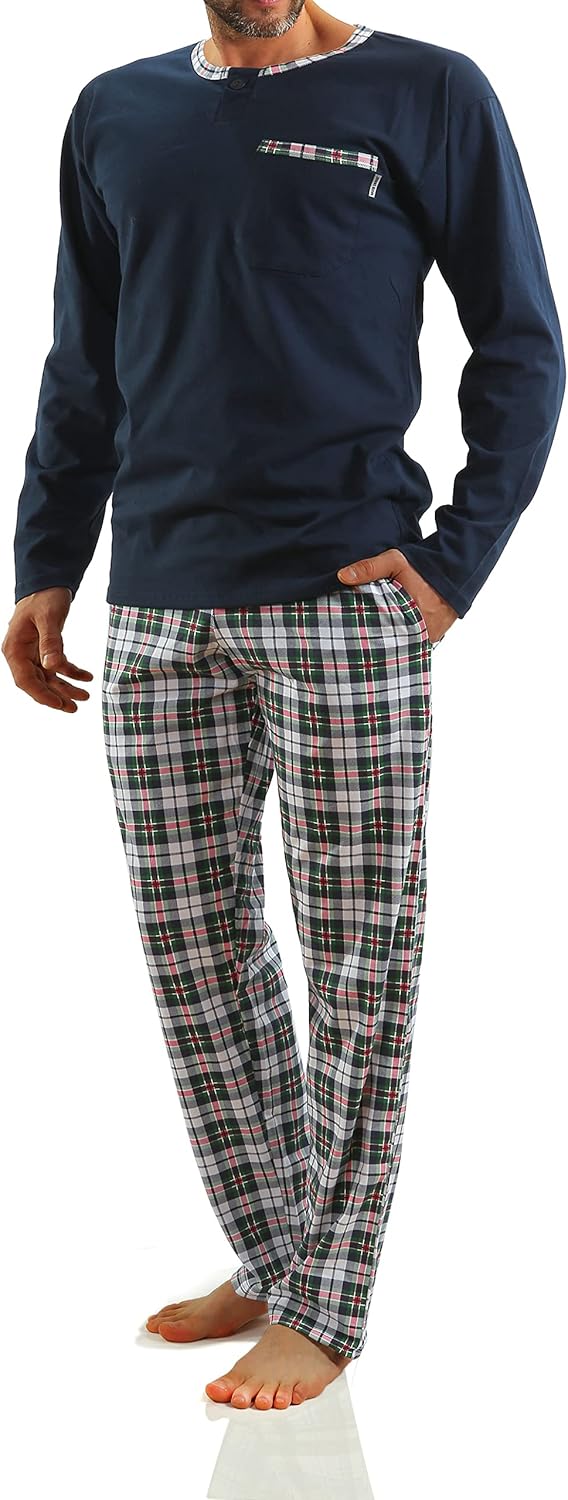 sesto senso Herren Schlafanzug Lang Baumwolle Pyjama Langarm Shirt mit Tasche Pyjamahose Zweiteilig