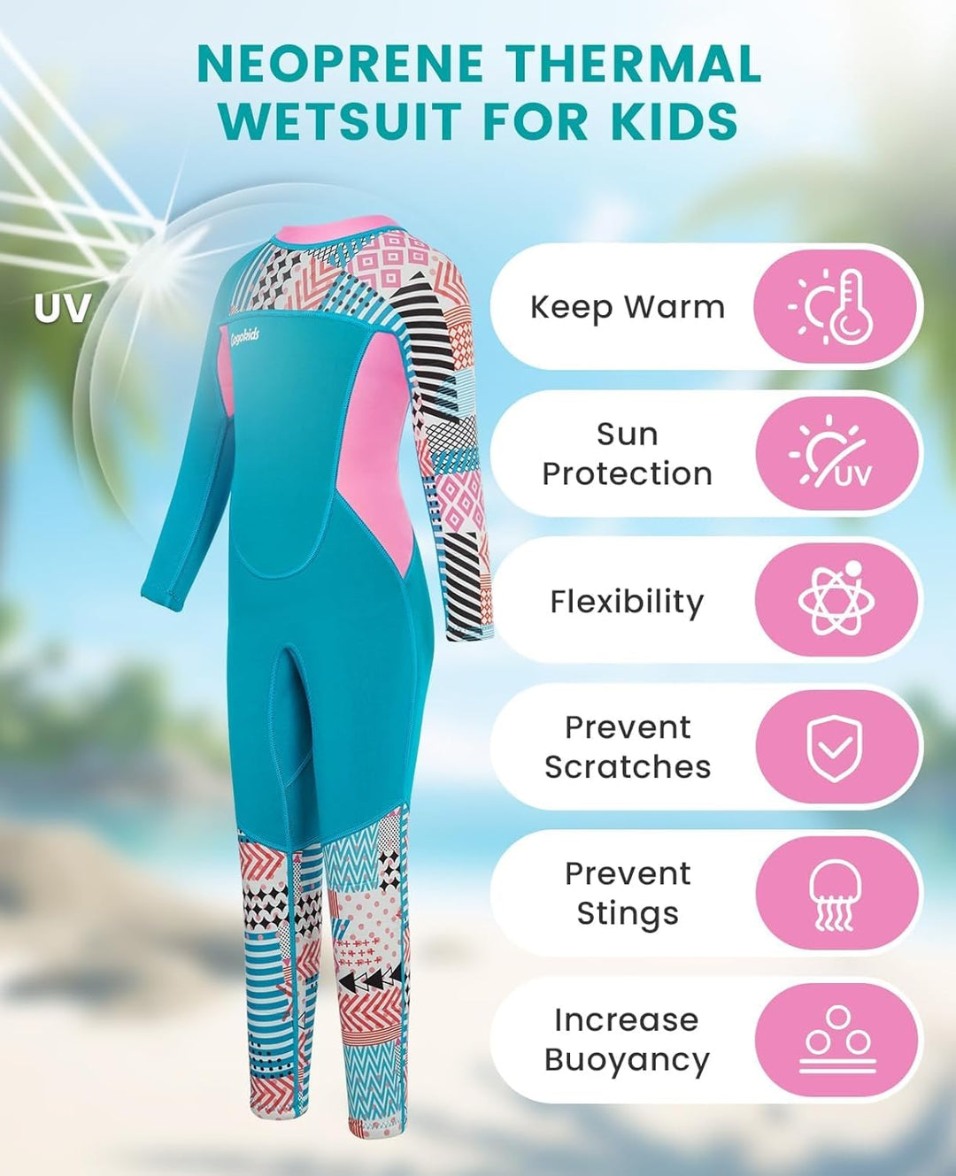 Gogokids Langarm-Neoprenanzug für Kinder, 2,5mm Neopren UV-Badeanzug Rückenreissverschluss, Thermo N