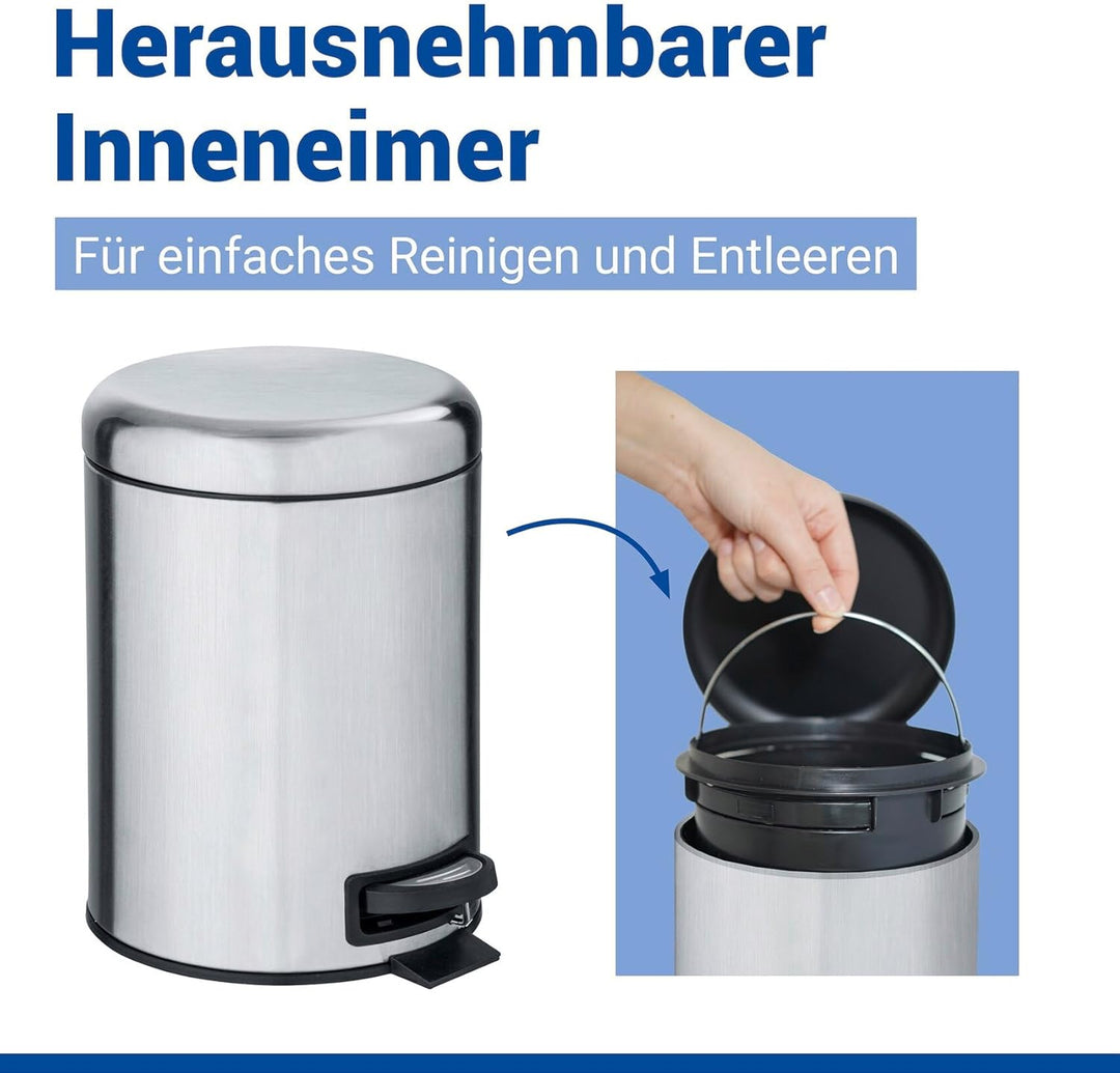 WENKO Treteimer Mod. Leman, 5 Liter, mit herausnehmbarem Einsatz, aus rostfreiem Edelstahl, 21 x 24