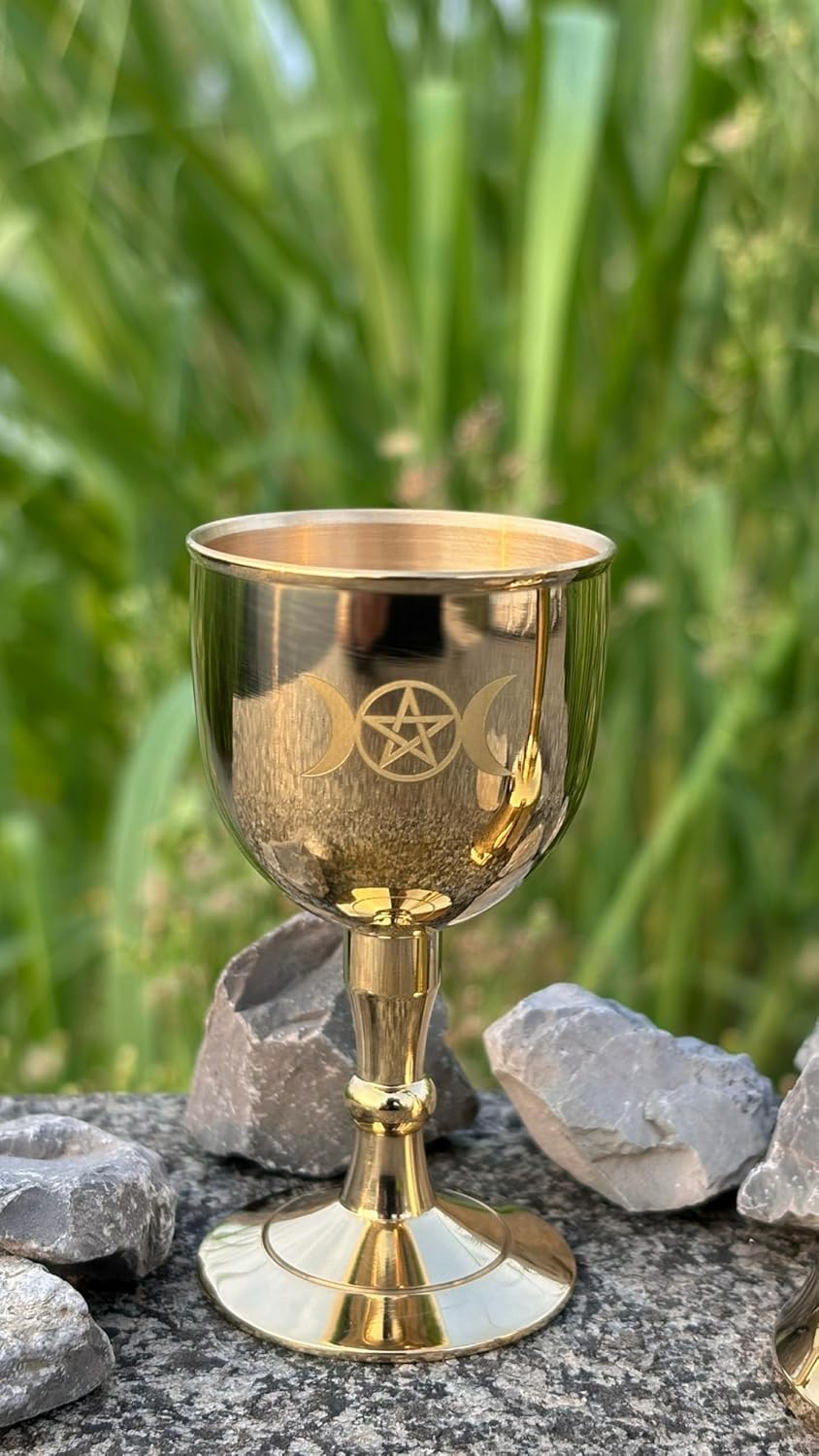 Mini Messing Altarglocke und Altarkelch, Dreifachmondgöttin und Pentagramm Wiccan Zubehör und Werkze