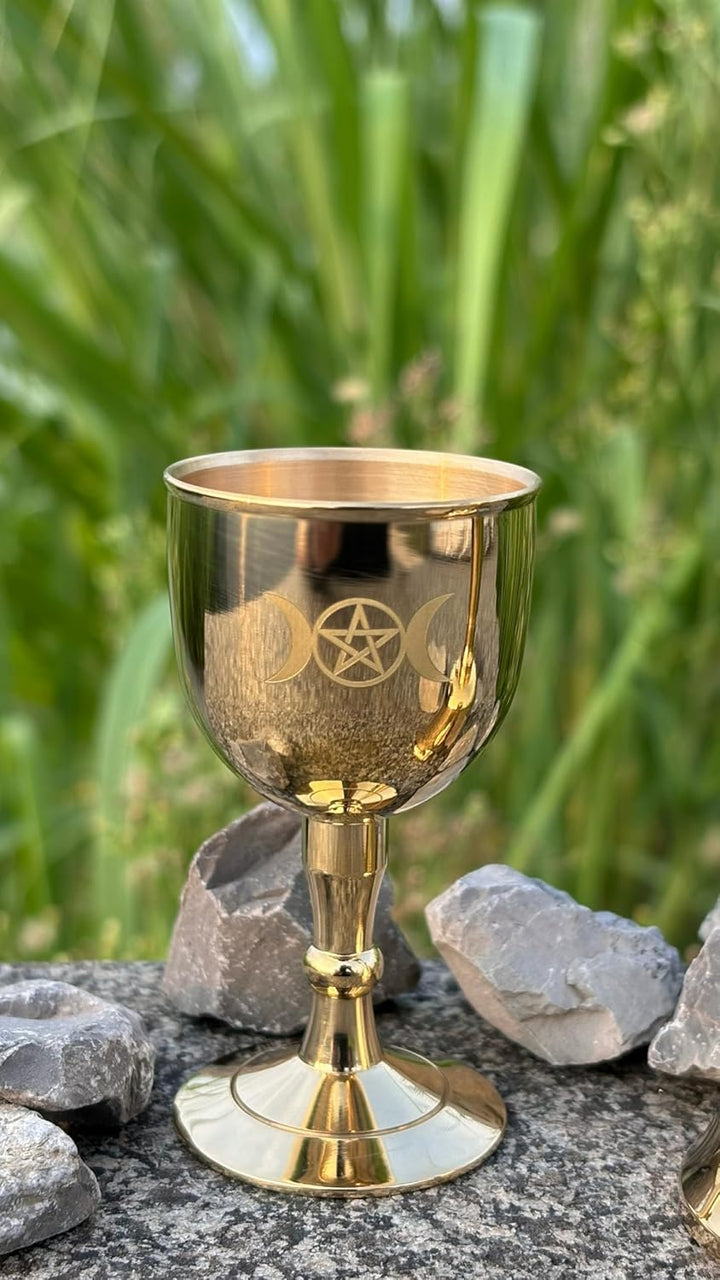 Mini Messing Altarglocke und Altarkelch, Dreifachmondgöttin und Pentagramm Wiccan Zubehör und Werkze
