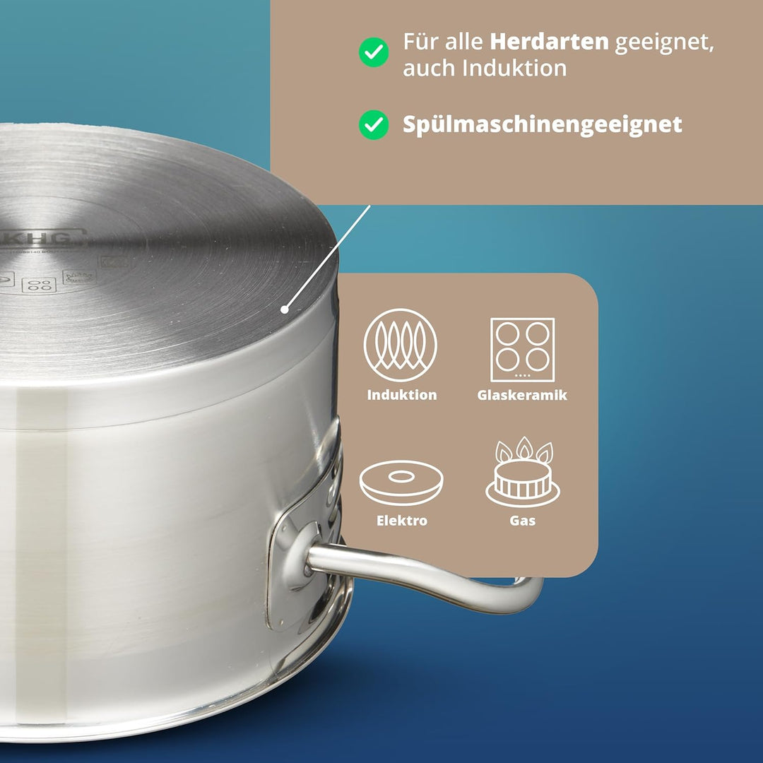 KHG Topf Kochtopf 26 cm, 9 Liter Induktion, Edelstahl unbeschichtet inkl. Glasdeckel - XXL Suppentop