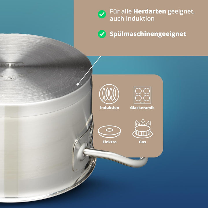 KHG Topf Kochtopf 26 cm, 9 Liter Induktion, Edelstahl unbeschichtet inkl. Glasdeckel - XXL Suppentop