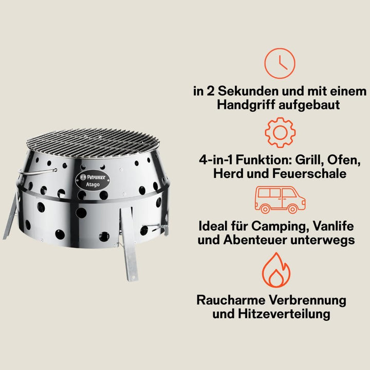 Petromax Atago Grill Set - 4-in-1 Funktion: Grill, Ofen, Herd & Feuerschale | Inkl. Edelstahl-Haube