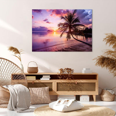 Bilder auf Leinwand 100x70cm Leinwandbild mit Rahmen Strand Meer Palme Gross Wanddeko Bild Schlafzim