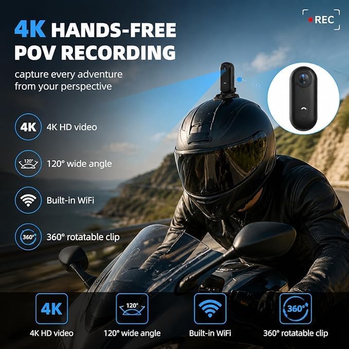 Mini-Sportkamera, 4 K, tragbar, POV, 120 ° Weitwinkel, Sportkamera mit Clip hinten, 360 °, Audio- un