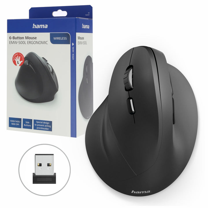 Hama kabellose Maus für Linkshänder ergonomisch EMW-500L (Wireless Funkmaus vertikal, links, 6-Taste