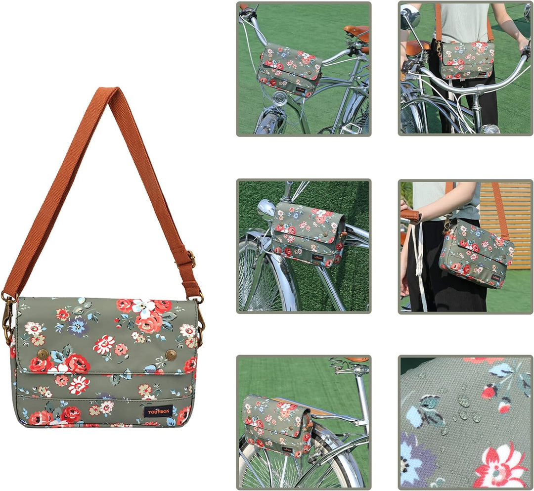 Tourbn Wasserdichte Leinwand Fahrradtaschen Fahrradtasche Lenkertasche Blumenmuster Grün, 25* 18* 6c