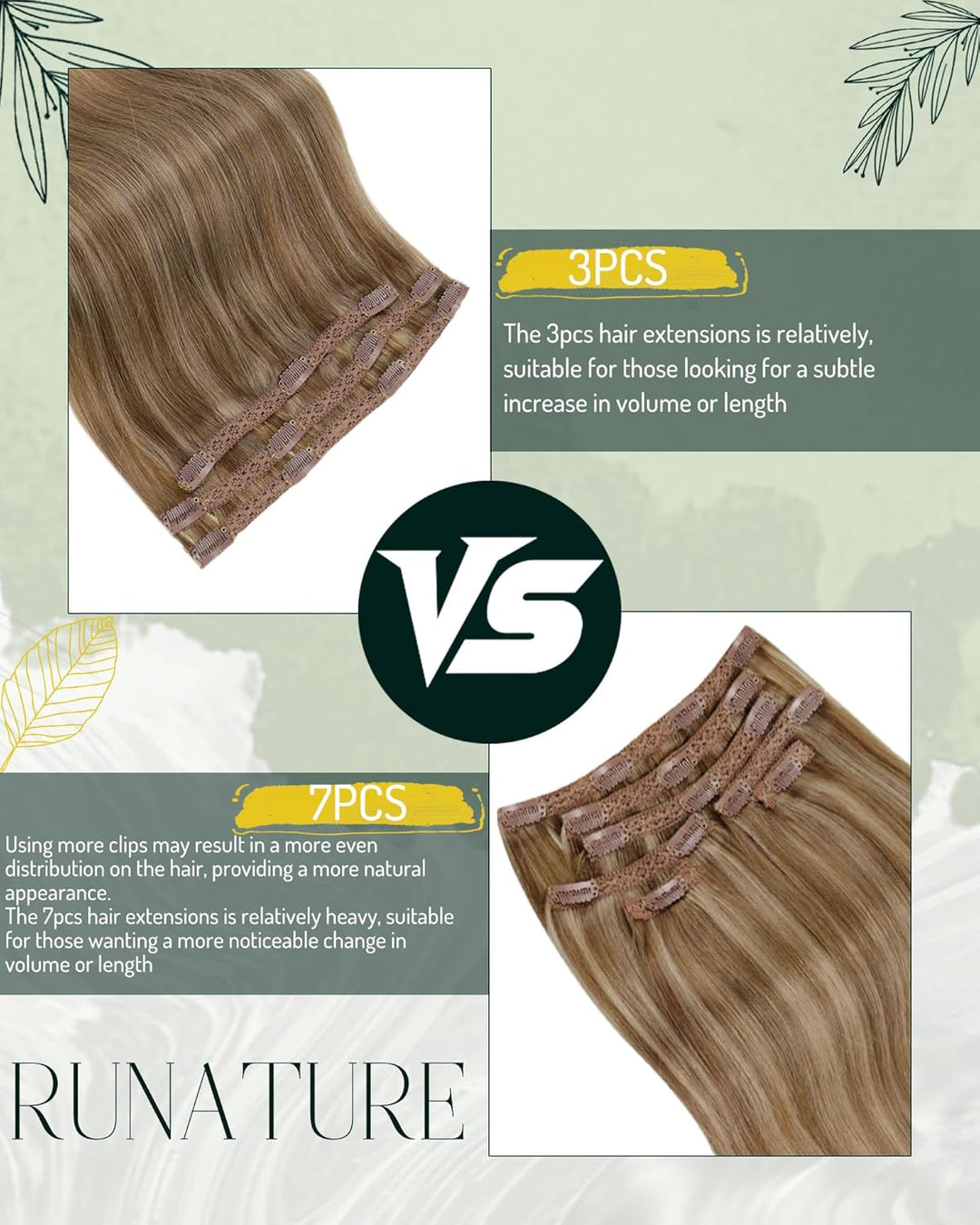 RUNATURE Clip in Extensions Echthaar Braun Highlight Blond Echthaar Extensions Clip in 30cm Kurz Ech