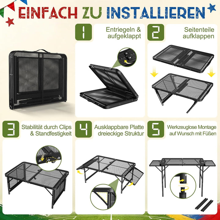 YRHome 90x60cm Campingtisch Klappbar Beistelltisch Outdoor Gartentisch mit Metallgitterplatte Grillt
