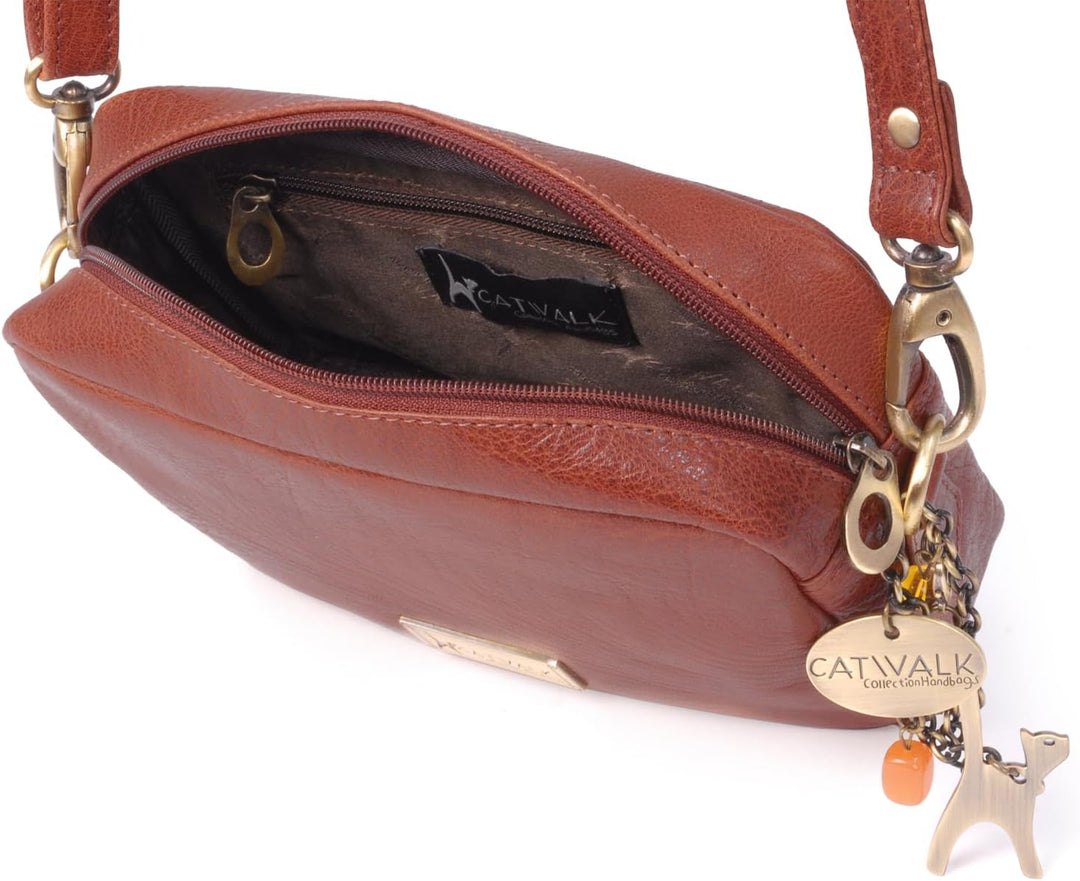 Catwalk Collection Handbags - Leder - Klein Umhängetasche Messenger/Schultertasche - POLLY Hellbrun,