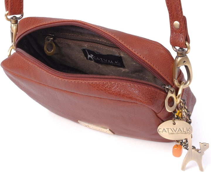 Catwalk Collection Handbags - Leder - Klein Umhängetasche Messenger/Schultertasche - POLLY Hellbrun,