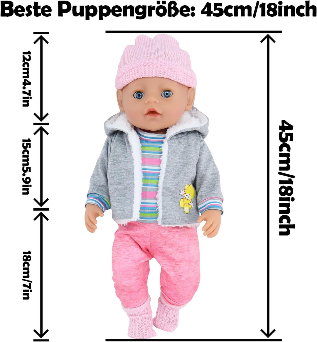 Baby Puppen Puppenkleidung 35-43 cm 1 graue Jacke + 1 gestreifter Pullover + 1 Strickmütze + 1 Paar