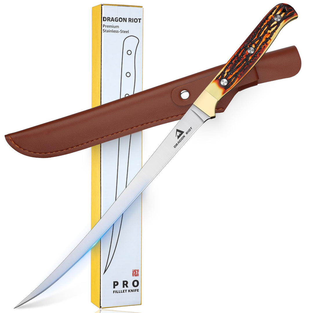 DRAGON RIOT Filetiermesser Fisch, 22 CM Fishing Edelstahl Fischmesser mit Anti-Rutsch-Griff，Ausbeinm